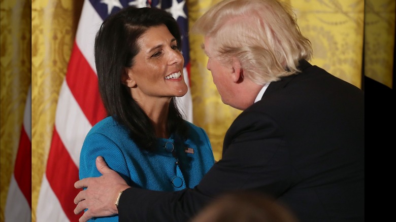 Donald Trump greets U.N. Ambassador Nikki Haley