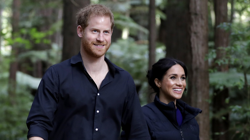 Prince Harry and Meghan Markle walking through the woods