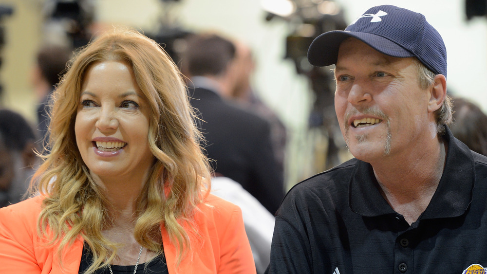 Jeanie Buss and Jim Buss at a news conference