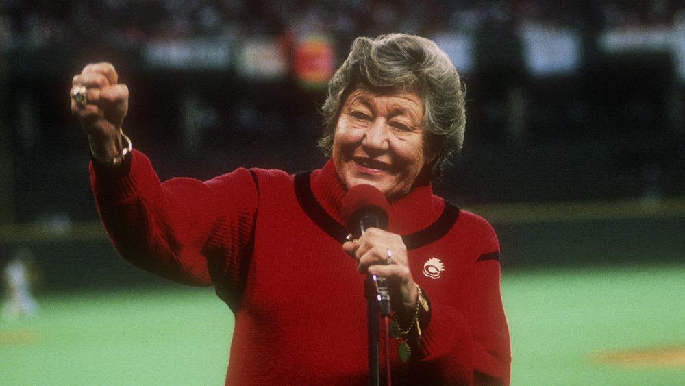 Marge Schott giving a speech