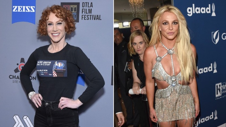 Kathy Griffin smiling and Britney Spears grimacing