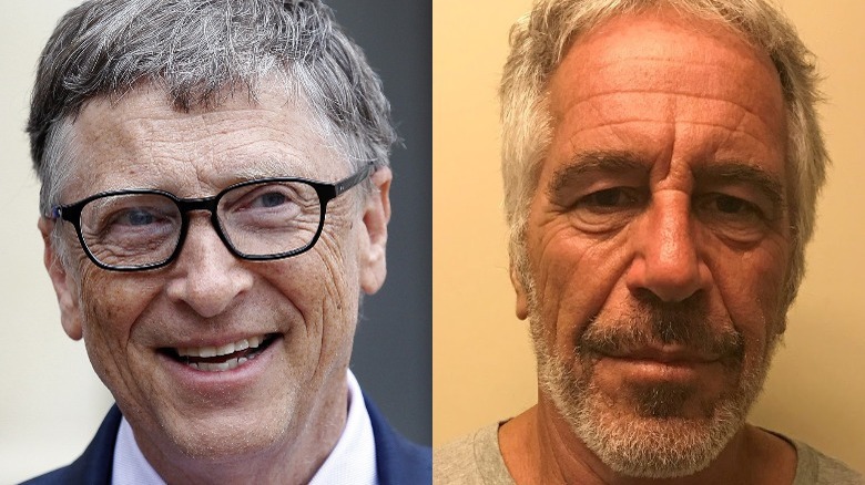 Bill Gates smiling (left), Jeffrey Epstein mugshot (right)