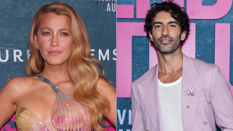 Blake Lively wearing a pastel asymmetrical gown, left, and Justin Baldoni wearing a lilac suit and white shirt, right