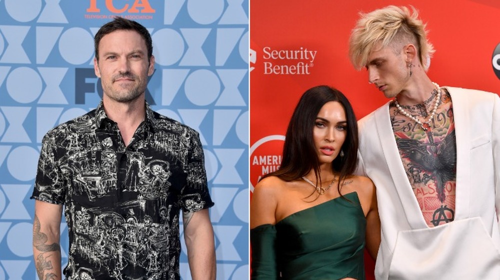 Split image of Brian Austin Green, Megan Fox, and Machine Gun Kelly