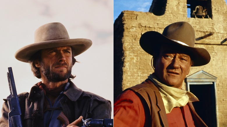 Side by side pictures of Clint Eastwood and John Wayne posing in character