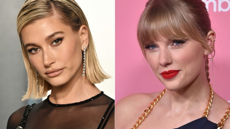 Hailey Bieber blonde hair Taylor Swift smiling red lips