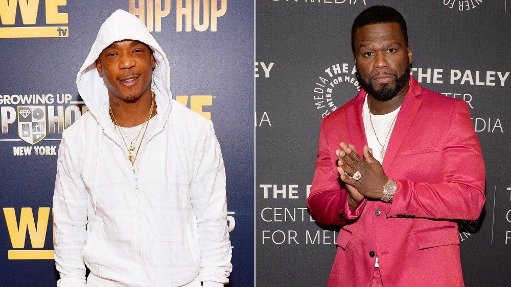 Split image of Ja Rule smiling in a white hoodie and 50 Cent in a pink suit with his hands together