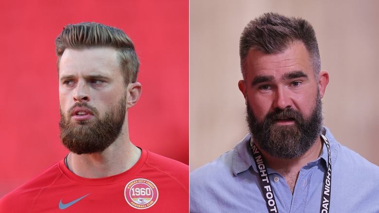 Split image of Harrison Butker, left, and Jason Kelce, right