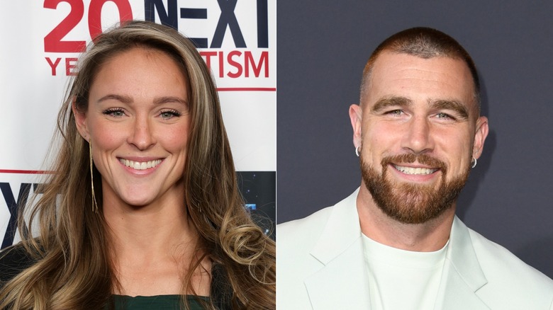 Split image of Kylie Kelce, left, and Travis Kelce, right