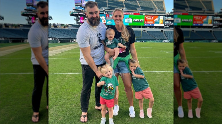 Jason and Kylie Kelce pose together with their daughters