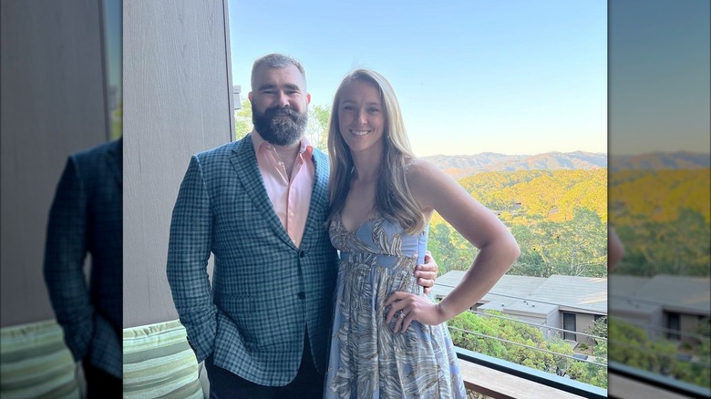 Jason and Kylie Kelce pose outdoors together