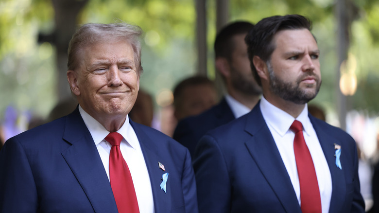 Donald Trump smirking while standing next to JD Vance