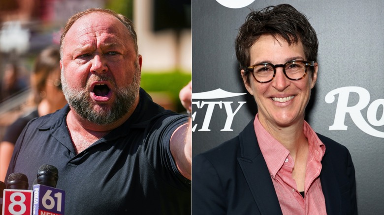 Split image of Alex Jones, left, and Rachel Maddow, right