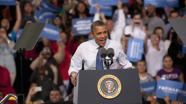 Barack Obama speaking at a rally