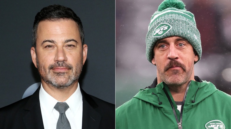 Jimmy Kimmel smiling and Aaron Rodgers on the field