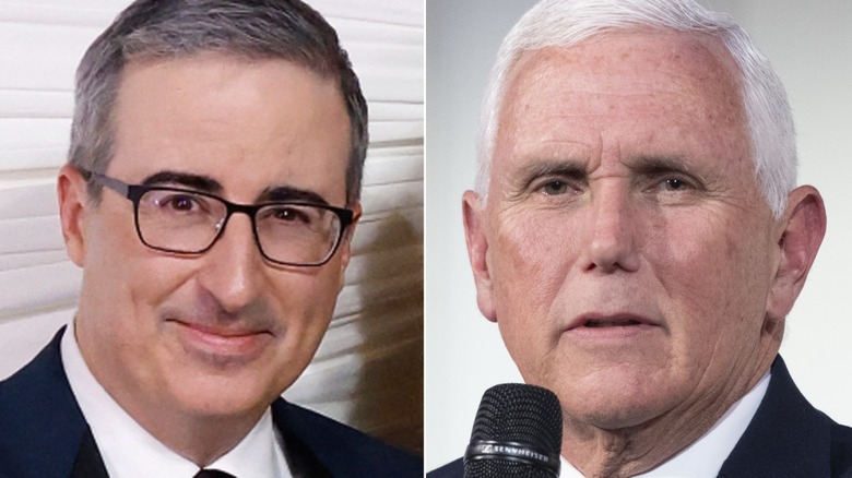 Split image of John Oliver and Mike Pence both wearing suits