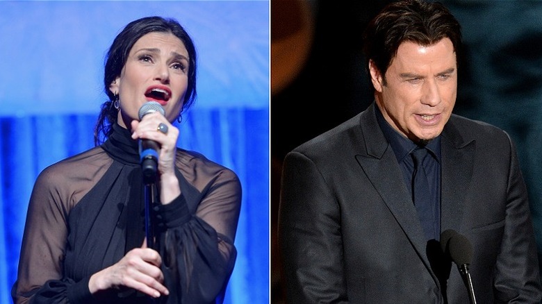 Left, John Travolta; Right, Idina Menzel, smiling 