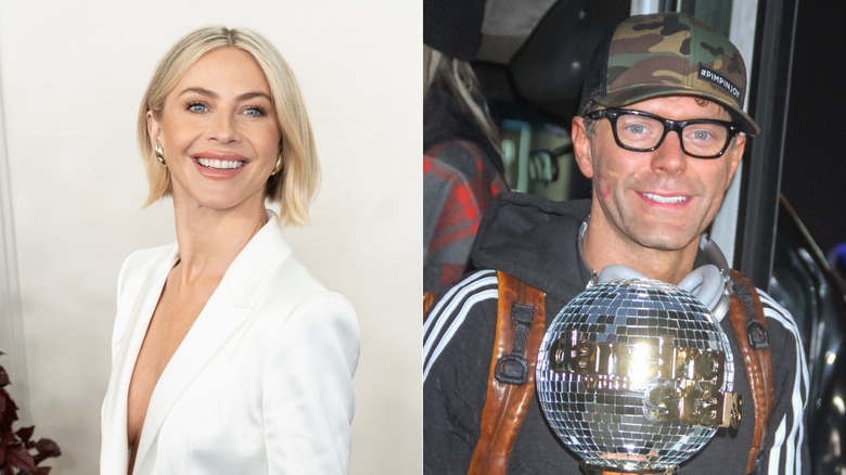 Julianne Hough wearing a white blazer, left, and Bobby Bones wearing a camouflage hat and holding the Mirrorball Trophy, right