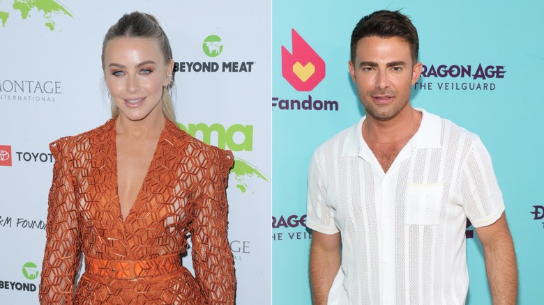 Julianne Hough wearing an orange knit dress, left, and Jonathan Bennett wearing a white striped button-down shirt, right