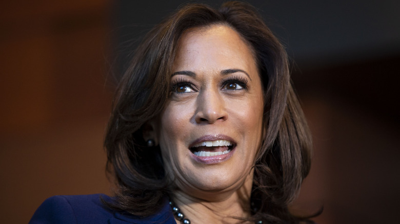 Kamala Harris smiling with her mouth open