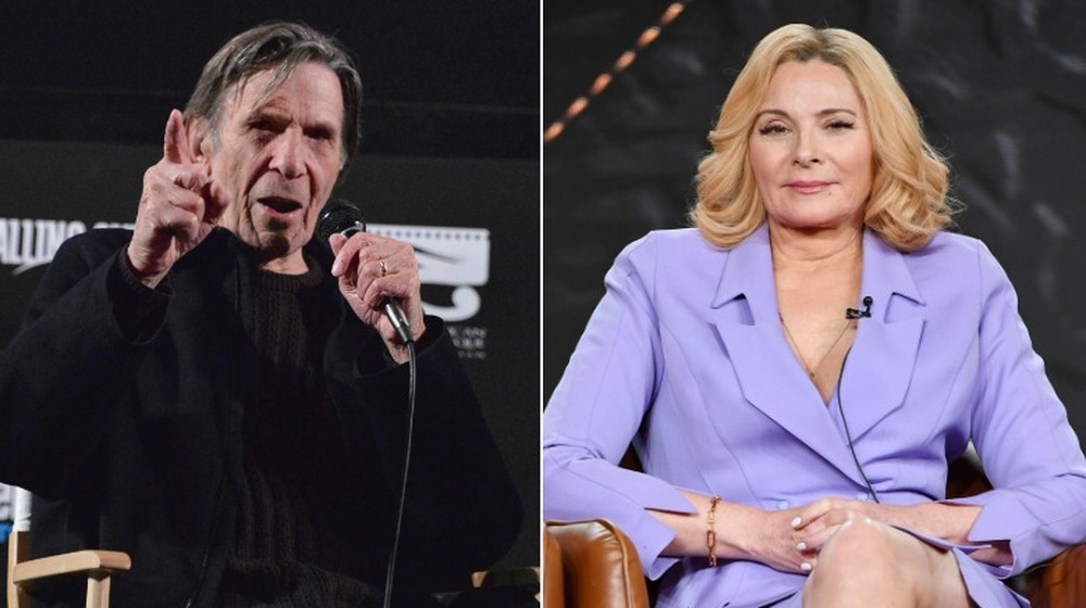 Leonard Nimoy pointing, Kim Cattrall staring at camera