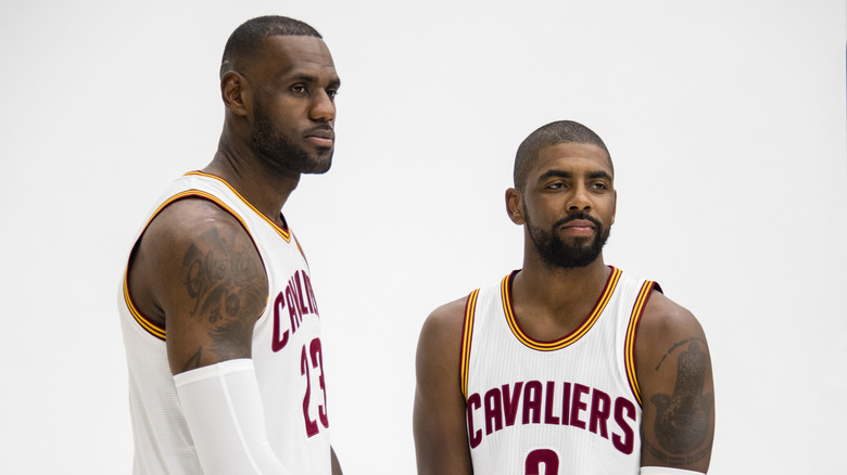 LeBron James and Kyrie Irving posing together for media day