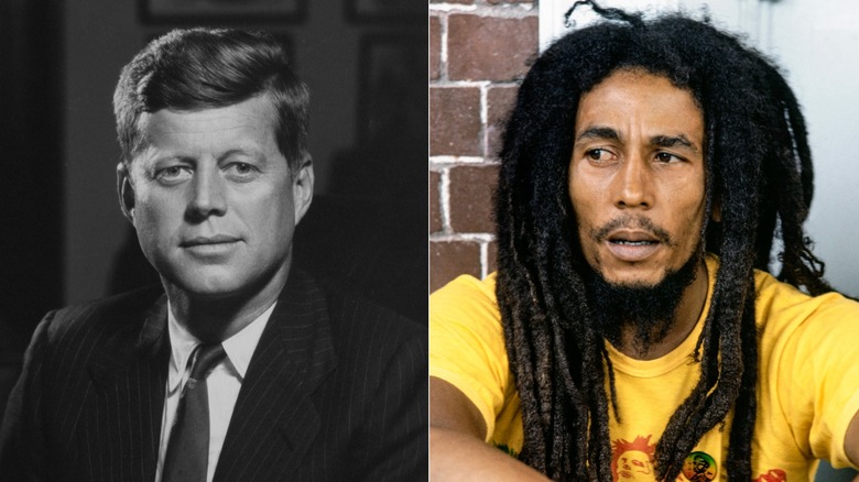 Split image of JFK, left, and Bob Marley, right