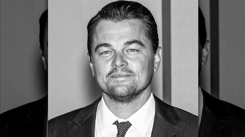 Leonardo DiCaprio posing, black and white