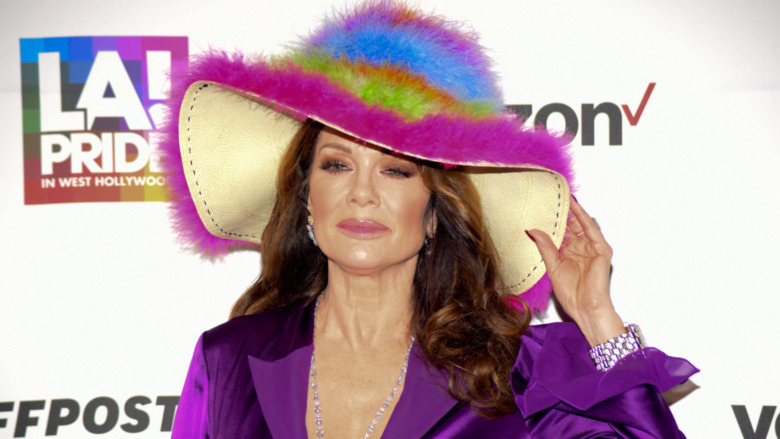 Lisa Vanderpump wearing a rainbow hat at an LA Pride event 