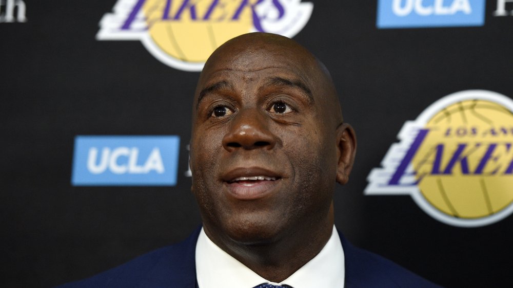 Magic Johnson speaking at a press event