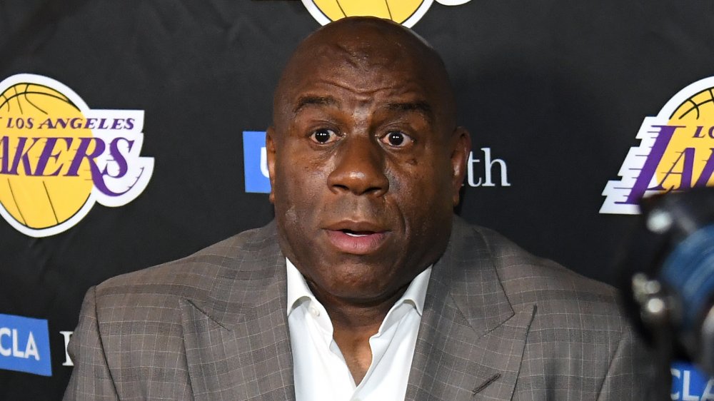 Magic Johnson speaking at Lakers event