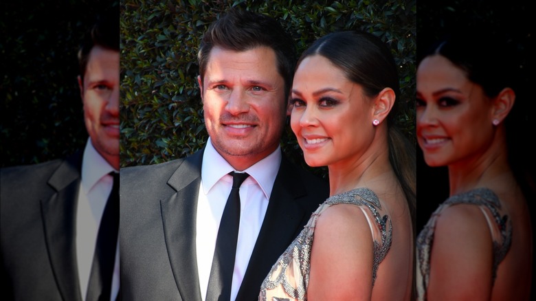 Nick Lachey and wife Vanessa on a red carpet