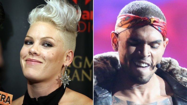 Pink looking smug, Chris Brown performing