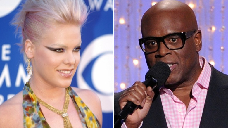 Pink in cat's eye makeup, LA Reid on stage