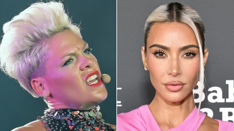 Pink performing on stage, Kim Kardashian pouting