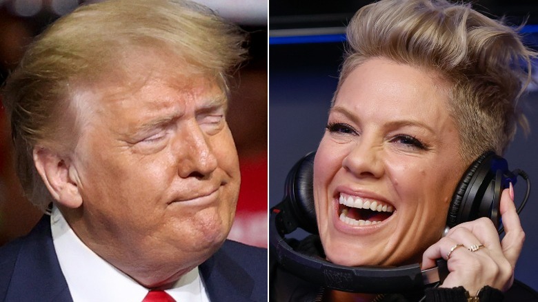 Donald Trump smiling politely, Pink laughing in headphones