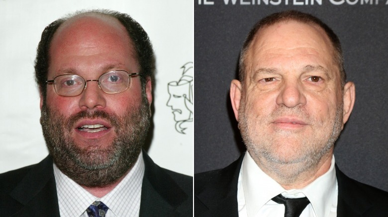 Scott Rudin looking surprised and Harvey Weinstein smirking