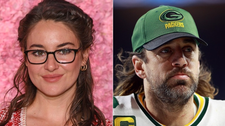 Shailene Woodley wearing glasses, Aaron Rodgers wearing hat