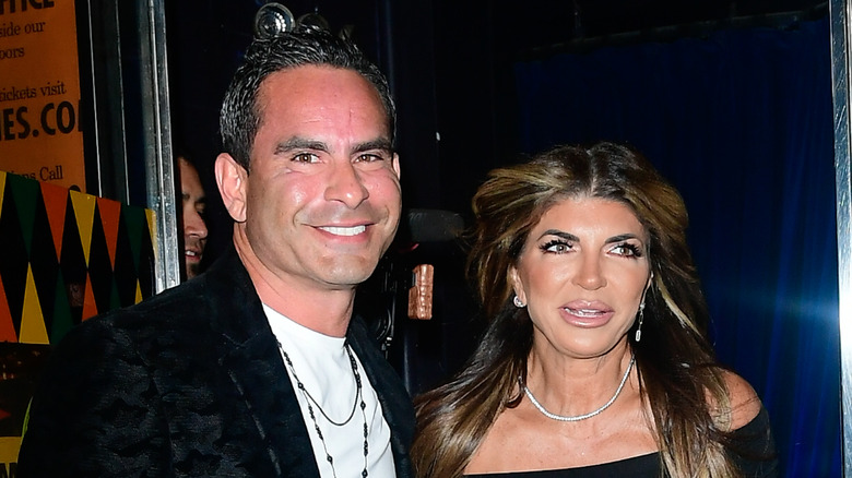 Louie Ruelas and Teresa Giudice arrive at the Caroline Comedy Club in 2021