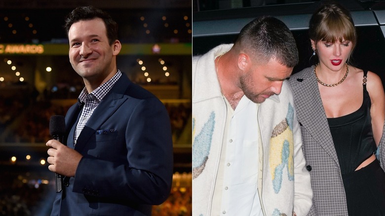 Tony Romo; Travis Kelce and Taylor Swift split image