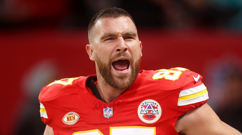 Travis Kelce yelling on the field