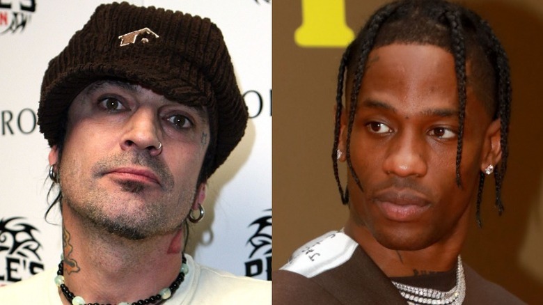 Tommy Lee wearing a brown cap / Travis Scott wearing a brown shirt