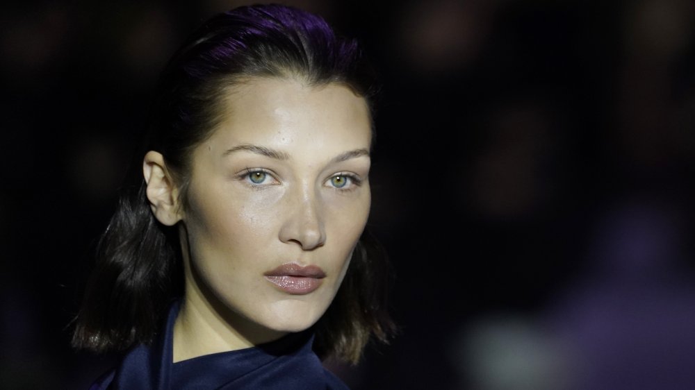 Bella Hadid in brown hair and pink lip 