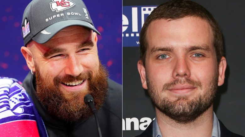 Split image of Travis Kelce and Austin Swift in close-up