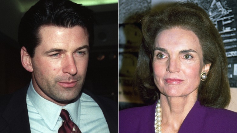 Alec Baldwin looking away and Jackie Kennedy slightly smiling in split image