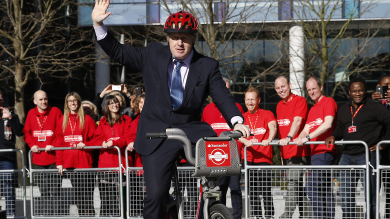Boris Johnson riding "Boris Bike"