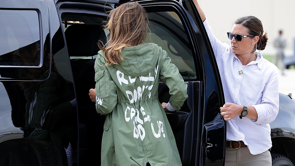 Melania Trump getting into car in infamous Zara jacket