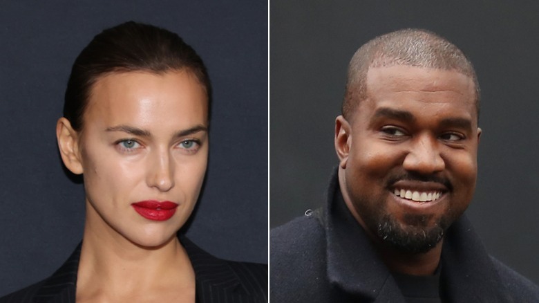 Irina Shayk wearing lipstick Kanye West smiling 