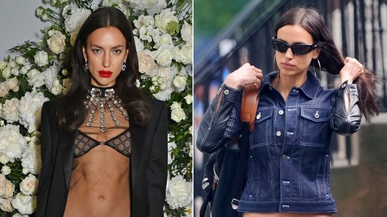 Irina Shayk in bra and denim jacket