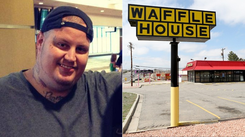 Jelly Roll smiling and a Waffle House sign